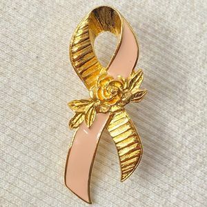 Avon Pin Breast Cancer Awareness Pink Ribbon And Gold Tone Rose